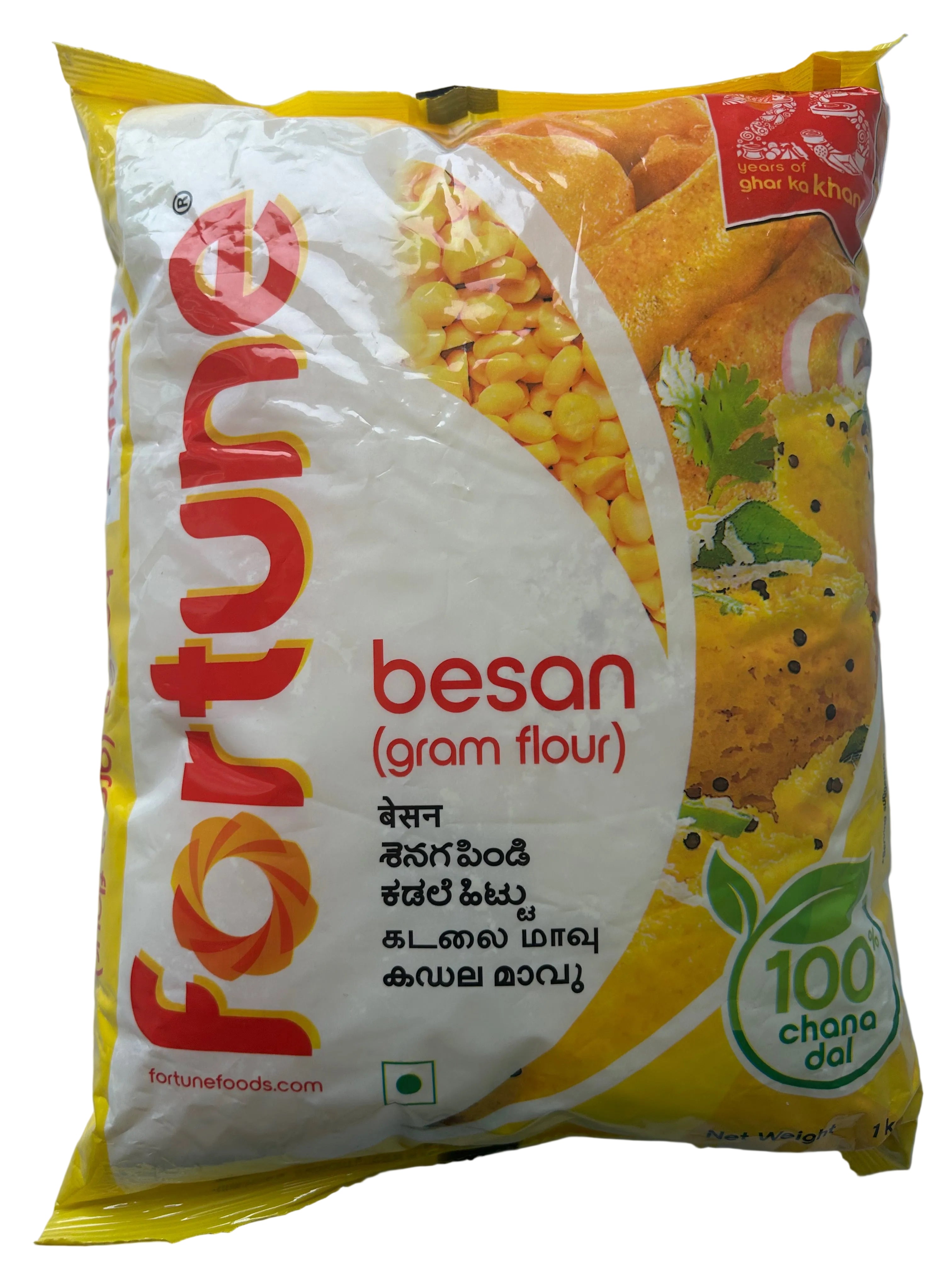 Bag of Fortune Besan gram flour with yellow and white design on a white background